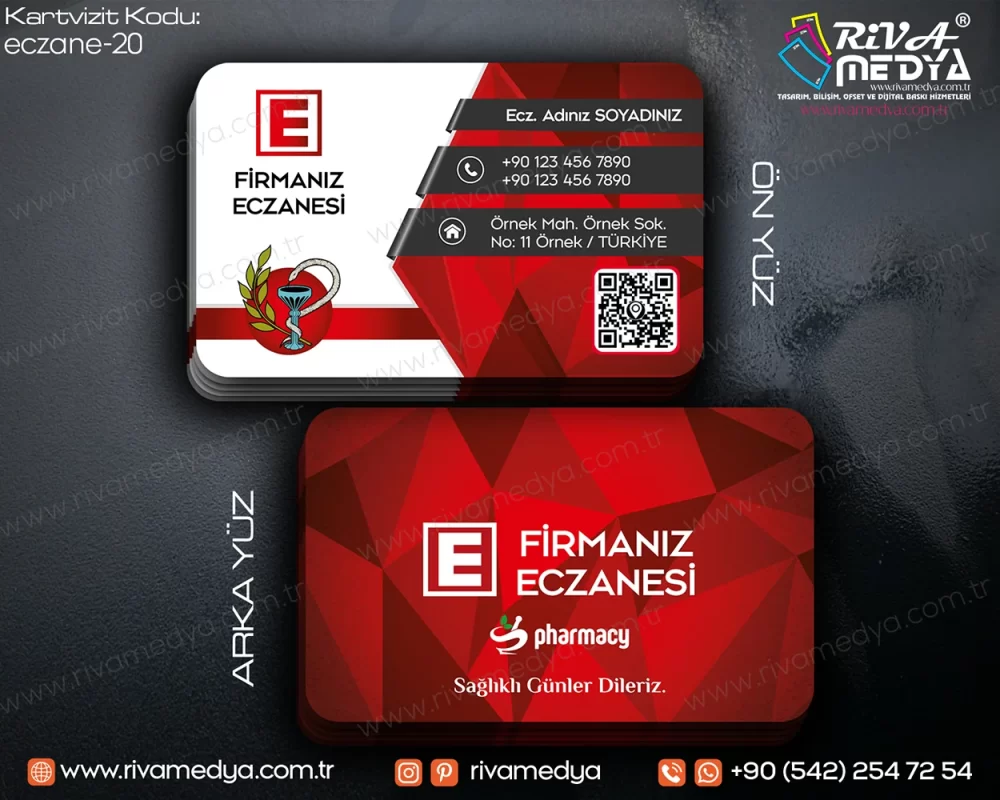 Kırmızı Modern Eczane Kartvizit Örneği
