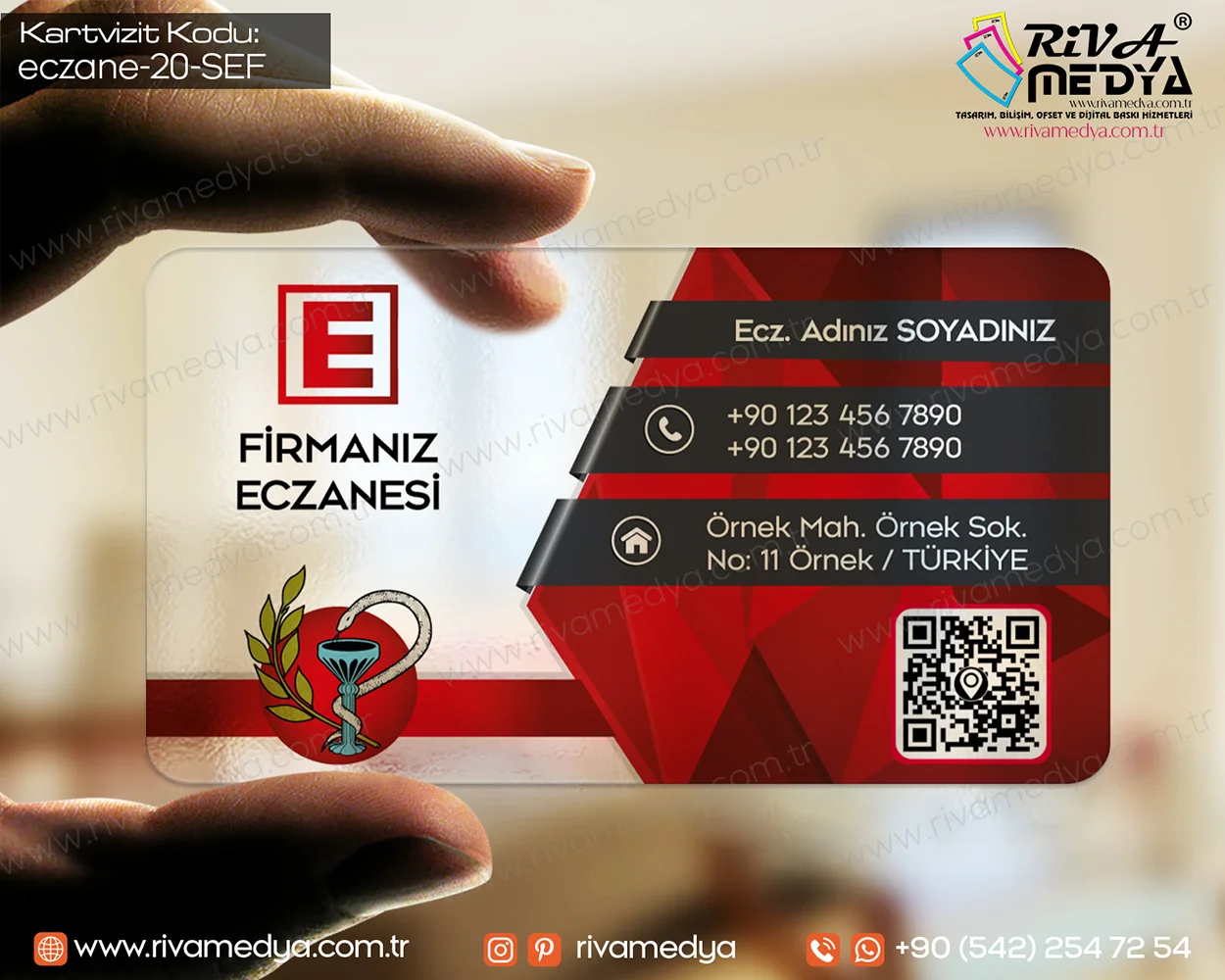 Kırmızı Modern Eczane Şeffaf Kartvizit Örneği