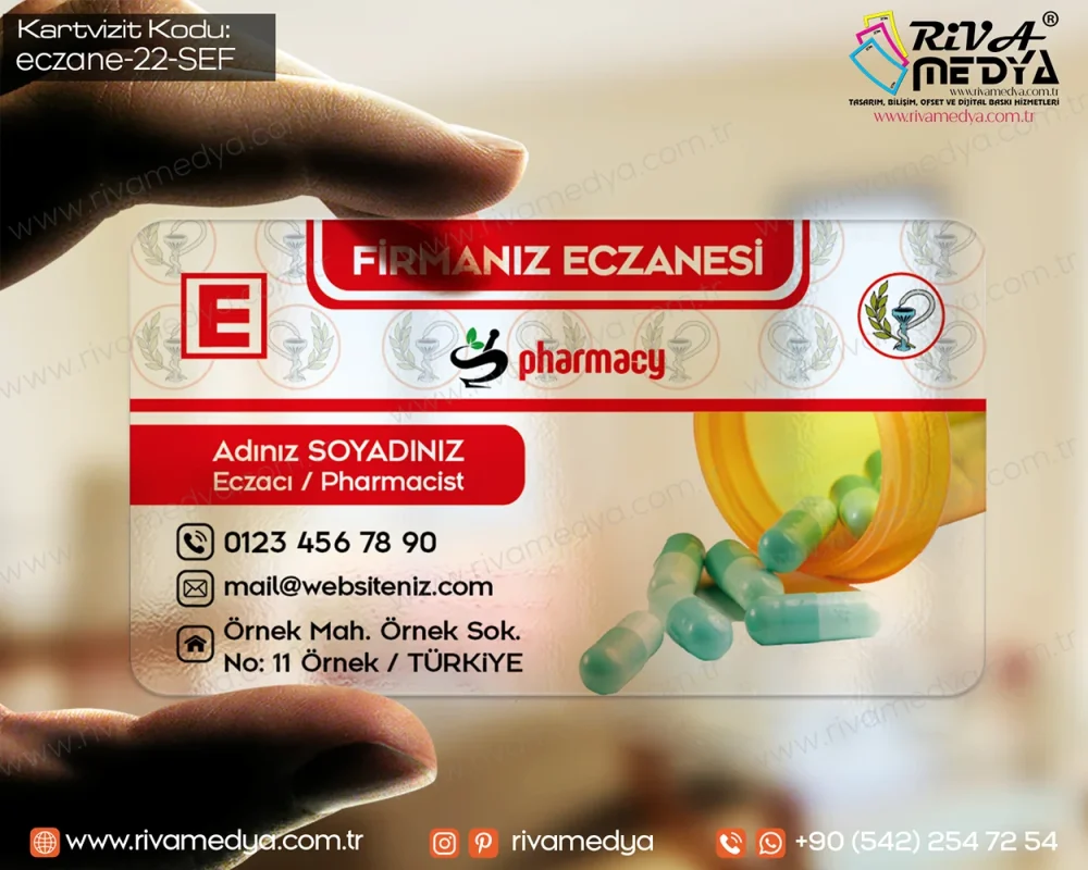 İlaç Görseli ile Eczane Şeffaf Kartvizit Örneği