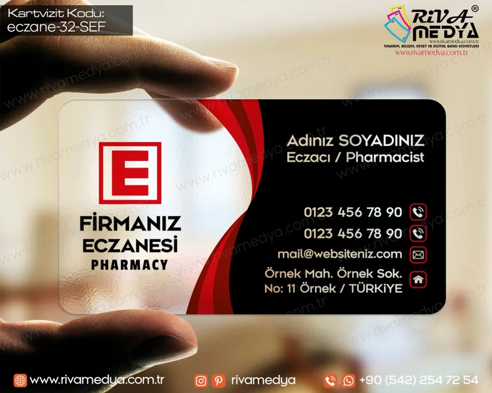 Kırmızı Dalgalı Siyah Şeffaf Eczane Kartvizit Örneği